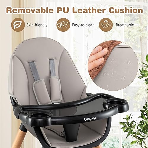 BABY JOY 5 in 1 High Chair, Convertible High Chairs for Babies and Toddlers/Booster Seat/Table and Chair Set, Infant Wooden Highchair w/ 5-Point Harness, 4-Position Removable Tray & PU Cushion, Coffee - Jamouz
