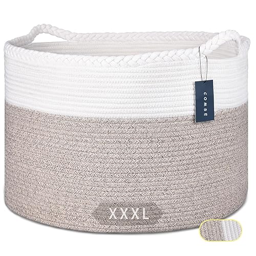 COMSE Extra Large Blanket Basket, Storage Basket, Laundry Basket, 21.7”x 13.8”, Laundry Hamper, Cotton Rope Basket, Blanket Basket Living Room, Toy Basket (White & Cadet Blue & Navy Blue) - Jamouz