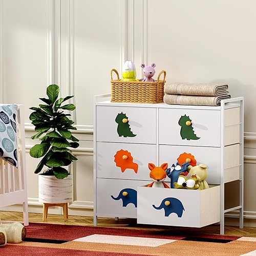 FRAPOW Kids Dresser for Bedroom, Baby Dresser with 6 Fabric Drawers Tall Storage Organizer for Toddler Child with Wood Top Metal Frame for Living Room, Nursery, Closet, Apartment - Jamouz
