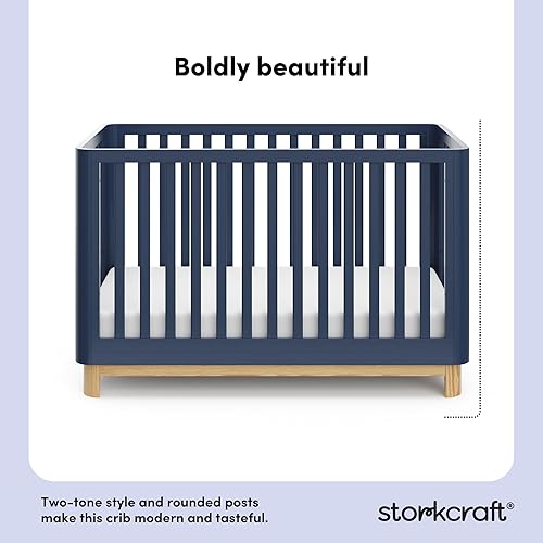 Storkcraft Santos 3-in-1 Convertible Crib (White with Natural) – GREENGUARD Gold Certified, Fits Standard Crib Mattress, Converts to Toddler Bed, Modern Style, Rounded Designer Details - Jamouz