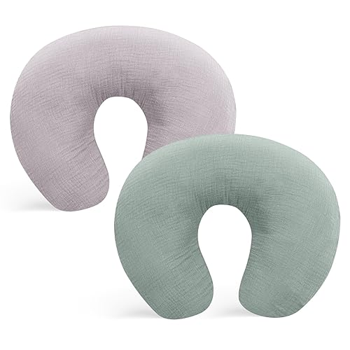 Winmany 2 Pack Muslin Nursing Pillow Covers Soft Cotton Newborn Breastfeeding Pillow Cover Baby Feeding Pillow Slipcover Shower Gifts for Boys Girls (Brown + Beige) - Jamouz