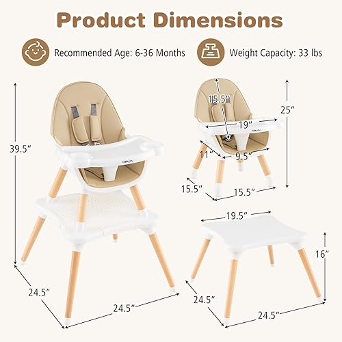 BABY JOY 5 in 1 High Chair, Convertible High Chairs for Babies and Toddlers/Booster Seat/Table and Chair Set, Infant Wooden Highchair w/ 5-Point Harness, 4-Position Removable Tray & PU Cushion, Coffee - Jamouz