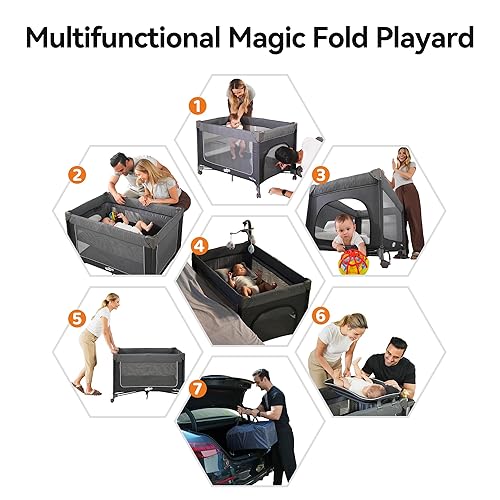 Pamo Babe 3-in-1 Baby Playard, Basic Magic Fold Nursery Center with Zip Door & Changing Table, One Second to Set Play Yard - Jamouz