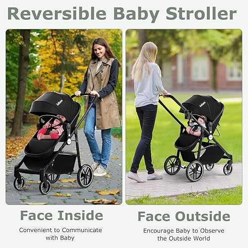 INFANS 2 in 1 Baby Stroller, High Landscape Infant Stroller & Reversible Bassinet Pram, Foldable Pushchair with Adjustable Canopy, Cup Holder, Storage Basket, Suspension Wheels (Grey) - Jamouz