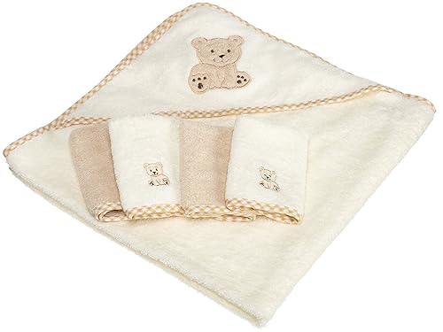 Spasilk Hooded Bath Towel with 4 Washcloths for Newborn Boys and Girls, Soft Terry Baby Towel and Washcloths, Bath Essentials, Ideal, Brown Bear - Jamouz