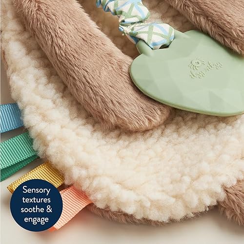 Itzy Ritzy - Itzy Lovey Including Teether - Baby Lovey with Teether, Textured Ribbons & Dangle Arms - Features Crinkle Sound, Sherpa Fabric and Minky Plush (Pink Bunny) - Jamouz