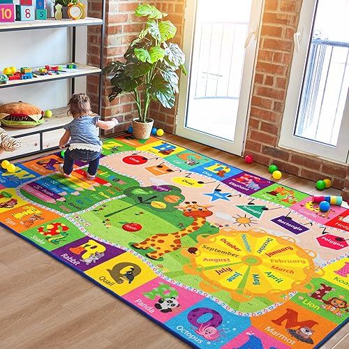 Large Playroom Rug Daycare Kids Rug 7x10,Educational and Fun Nursery Rug with ABC Alphabet Animals Classroom Rug Washable Kids Play Mat Baby Toddler Children Girls Rugs for Bedroom,Beige - Jamouz