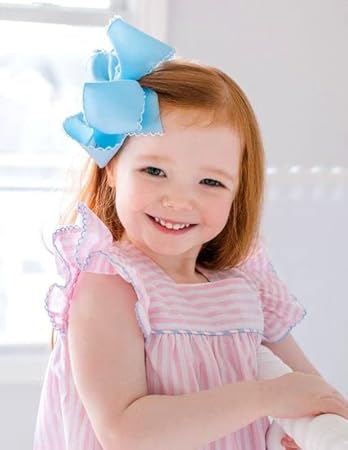 Wee Ones Girls' Classic Grosgrain Moonstitch Edge Hair Bow on a WeeStay Hair Clip, Medium, White with Light Pink - Jamouz