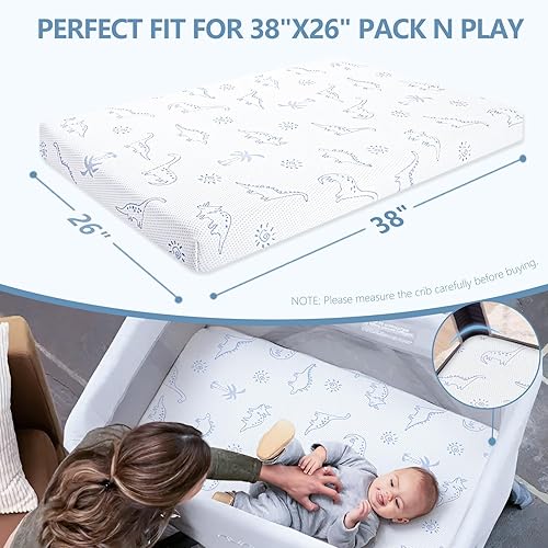 Mochen Trifold Pack and Play Mattress, 38x26 inch Dual-Sided Memory Foam Pack n Play Mattresses for Baby Toddlers, Portable Travel Crib Mattresses with Removable Dinosaurs Cover & Carry Bag - Jamouz