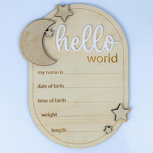 Baby Announcement Sign Star, 6.5 Inch Wooden Hello World Newborn Welcome Sign Birth Baby Name Plaques for Photo Props Baby Shower Hospital Nursery (A62) - Jamouz