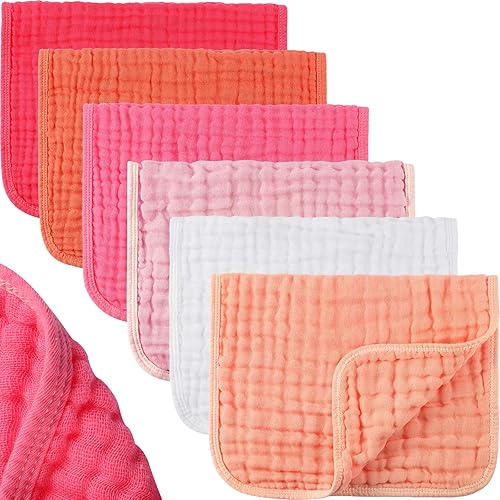 Hicarer 6 Pcs Muslin Burp Cloths Pure Cotton Baby Burping Rags Large 20''x10'' 6 Layers Extra Soft and Absorbent Neutral Multicolor Muslin Washcloths for Boys and Girls(Pink Series) - Jamouz