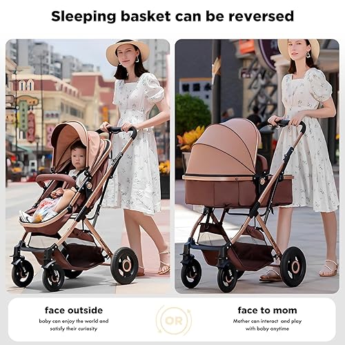 2 in 1 Convertible Baby Stroller Newborn Reversible Bassinet Pram, Foldable Pushchair with Adjustable Canopy Folding High Landscape Infant Carriage, Anti-Shock Toddler Pushchair - Jamouz