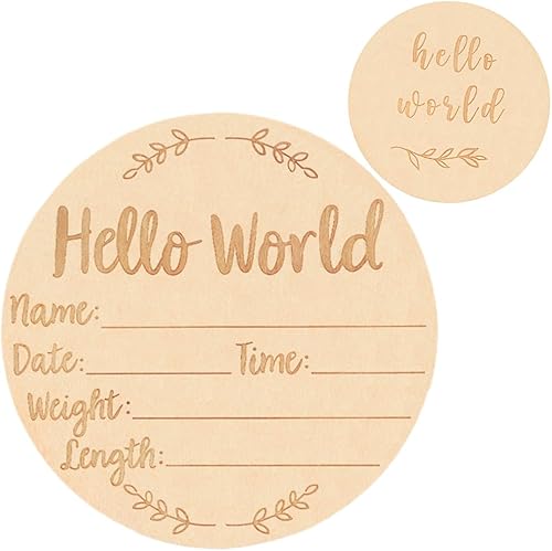 Wooden Baby Announcement Sign, 5.9Inches Hello World Newborn Sign, Double Sided Birth Announcement Sign, Lovely Baby Name Plaques for Photo Prop Baby Shower Hospital Nursery Gift. - Jamouz
