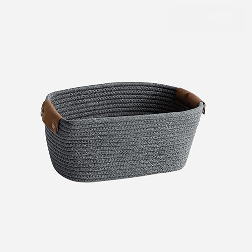 Small Cotton Woven Basket with PU Leather Handle, Baby Kids Clothes Toys Candy Gifts Cotton Rope Organizer, Living Room Basket Bathroom Shower Storage Laundry Basket, Dog Cat Bed, Fall Basket, Coffee - Jamouz