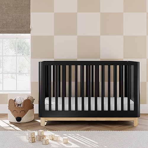 Storkcraft Santos 3-in-1 Convertible Crib (White with Natural) – GREENGUARD Gold Certified, Fits Standard Crib Mattress, Converts to Toddler Bed, Modern Style, Rounded Designer Details - Jamouz
