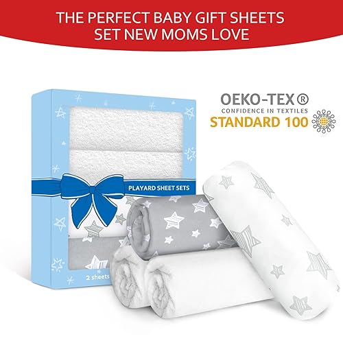 Pack and Play Sheets & Waterproof Terry Pack N Play Mattress Protector Pad Cover 4 Pack, Viscose Made from Bamboo Pack N Play Sheets Set, Grey & Navy - Jamouz