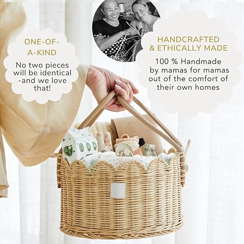Premium Baby Diaper Caddy Organizer - Handmade & Award-Winning Scalloped Rattan Basket - Luxury Diaper Caddy Basket - Elegant Scalloped Edge (Natural) - Jamouz