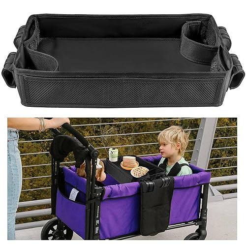 Stroller Snacks Tray for Wonderfold Wagon W2, Double Sided Bottom Padding - Storage Mesh Pockets - 2 Kid’s Cup Holders, Faux Leather Polyester Side Easy to Clean for Eating & Activities (W2 Series) - Jamouz
