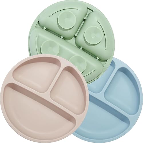 PandaEar Divided Unbreakable Silicone Baby and Toddler Plates - 3 Pack - Non-Slip - Dishwasher and Microwave Safe - Silicone (Blue Green Brown) - Jamouz