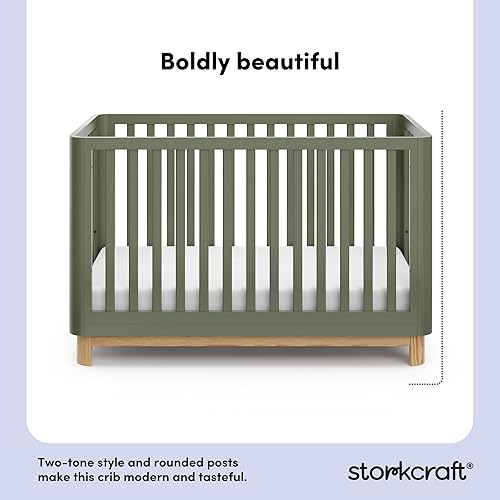 Storkcraft Santos 3-in-1 Convertible Crib (White with Natural) – GREENGUARD Gold Certified, Fits Standard Crib Mattress, Converts to Toddler Bed, Modern Style, Rounded Designer Details - Jamouz
