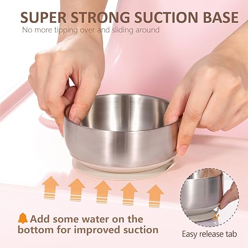 MR. CHOU Baby Bowls with Non-Slip Silicone Suction Cup, Insulated Double-Layer 304 Stainless Steel Toddler Bowls with BPA Free Airtight Lids, Food-Grade Silicone Safe for Kids (Beige) - Jamouz