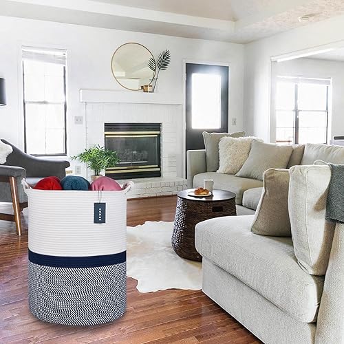 COMSE Extra Large Blanket Basket, High Storage Basket, Tall Rope Laundry Basket, 15.7”x 21.7”, Cotton Rope Basket, XXXL Laundry Basket, Toy Basket, Clothes Baskets,White/Cadet Blue/Navy Blue - Jamouz