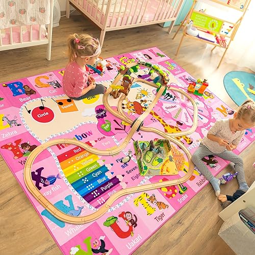 Large Playroom Rug Daycare Kids Rug 7x10,Educational and Fun Nursery Rug with ABC Alphabet Animals Classroom Rug Washable Kids Play Mat Baby Toddler Children Girls Rugs for Bedroom,Beige - Jamouz