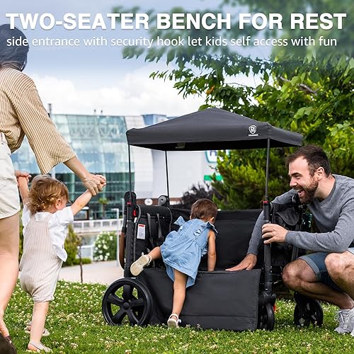 EVER ADVANCED Side-unzip Wagon Stroller for 2 Kids, Push Pull Stroller with Adjustable Handle, Easy Access Front Zipper Door, 5-Point Harness Removable UV-Protection Canopy Shock-Absorbing Wheels,Grey - Jamouz