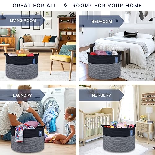 COMSE Extra Large Blanket Basket, Storage Basket, Laundry Basket, 21.7”x 13.8”, Laundry Hamper, Cotton Rope Basket, Blanket Basket Living Room, Toy Basket (White & Cadet Blue & Navy Blue) - Jamouz