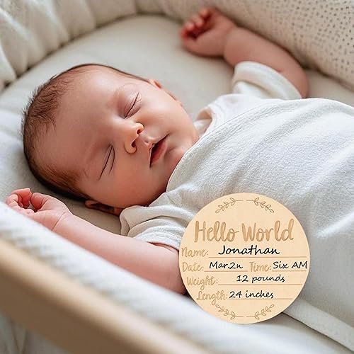Wooden Baby Announcement Sign, 5.9Inches Hello World Newborn Sign, Double Sided Birth Announcement Sign, Lovely Baby Name Plaques for Photo Prop Baby Shower Hospital Nursery Gift. - Jamouz
