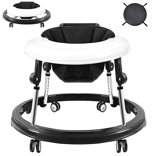 Baby Walker, Foldable 9-Gear Height Adjustable Baby Walker with Wheels, Infant Toddler Walker with Foot Pads, Anti-Fall Baby Walkers and Activity Center Bouncer Combo for Boys and Girls 6-24 Months - Jamouz
