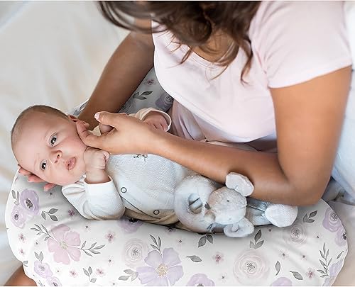 Sweet Jojo Designs Watercolor Floral Nursing Pillow Cover Breastfeeding Pillowcase for Newborn Infant Bottle Breast Feeding Pillow NOT Included Lavender Purple Pink Grey Boho Shabby Chic Rose Flower - Jamouz