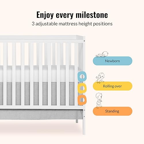 Synergy 5-In-1 Convertible Crib In White, made of New Zealand Pine wood, JPMA & Greenguard Gold Certified, features 3 mattress height settings - Jamouz