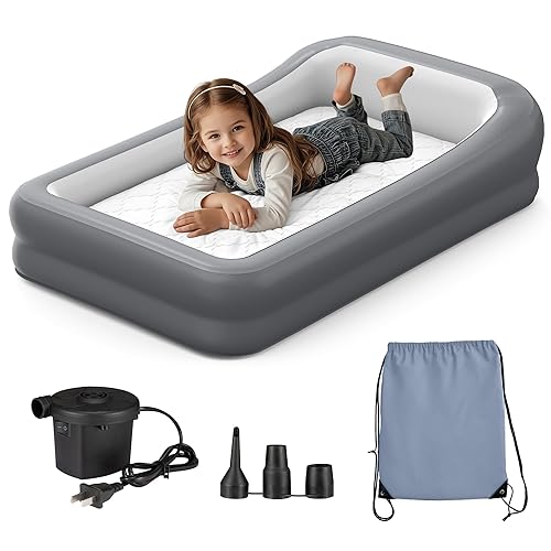 Inflatable Toddler Travel Bed, Portable Kids Air Mattress with Soft Bed Sheet, Toddler Air Mattress with Surround Safety Bumpers, Ideal for Home Use or Travel, Includes Pump and Carry Bag - Jamouz