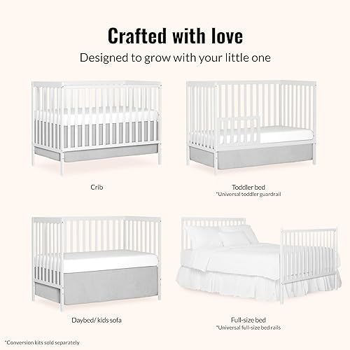 Synergy 5-In-1 Convertible Crib In White, made of New Zealand Pine wood, JPMA & Greenguard Gold Certified, features 3 mattress height settings - Jamouz
