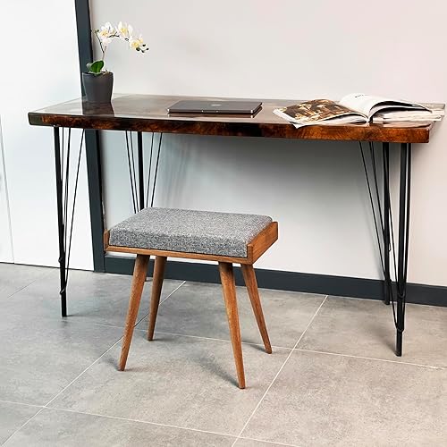 Walnut Ottoman Stool for Living Room | Upholstered in Crowbar Pattern Fabric | Versatile as a Piano Bench | Ideal Bedroom Bench | Functional Footstool Bench - Jamouz