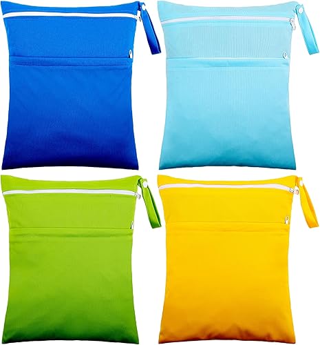 Shappy 4 Pcs Wet Dry Bag for Baby Cloth Diapers Waterproof Wet Bag Washable Travel Reusable with 2 Pocket for Travel Beach Pool(Blue, Purple, Pink, Orange) - Jamouz