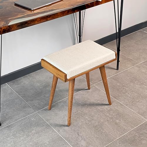Walnut Ottoman Stool for Living Room | Upholstered in Crowbar Pattern Fabric | Versatile as a Piano Bench | Ideal Bedroom Bench | Functional Footstool Bench - Jamouz