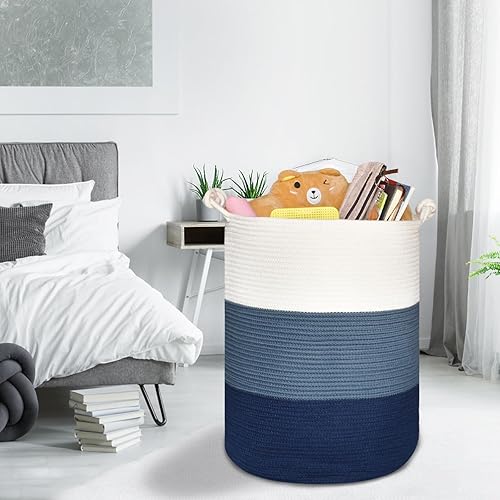 COMSE Extra Large Blanket Basket, High Storage Basket, Tall Rope Laundry Basket, 15.7”x 21.7”, Cotton Rope Basket, XXXL Laundry Basket, Toy Basket, Clothes Baskets,White/Cadet Blue/Navy Blue - Jamouz
