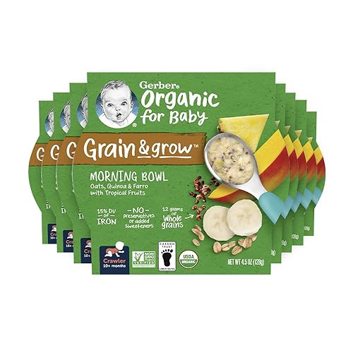 Gerber Organic Grain & Grow Morning Bowl, Oats, Red Quinoa & Farro with Tropical Fruits, 4.5 Ounce (Pack of 8) - Jamouz