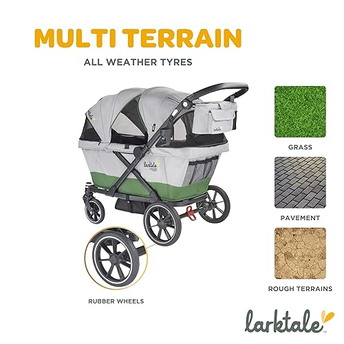 Larktale Caravan Coupe - Compact 2-Seater Stroller Wagon with Small Fold - Adjustable Canopies Included - Gray/Green - Jamouz