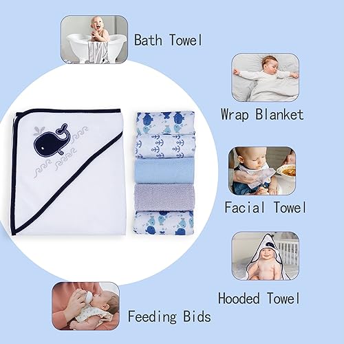 Viviland Baby Towels and Washcloths, Soft Absorbent Pink Baby Bath Towel Set, Elephant Hooded Towels with 5 Infant Face Washcloths (6 Pieces) - Jamouz