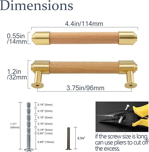 Modern Mid Century Brass and Wood Cabinet Pulls 3 Inch Center to Center Hole 4Pack Kitchen Drawer Handle Unfinished Dresser Knob for Closet Cupboard Wardrobe Brushed Finish - Jamouz