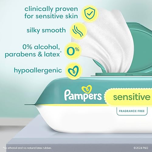 Pampers Sensitive Baby Wipes, Water Based, Hypoallergenic and Unscented, 8 Flip-Top Packs, 4 Refill Packs (1008 Wipes Total) - Jamouz