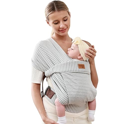 Baby Wraps Carrier Newborn to Toddler, Kangaroo Baby Easy Wearing Wrap, Adjustable Soft Baby Holder Front Chest Sling Carriers Perfect Baby Infant Essentials Gifts (Striped Grey, Cotton) - Jamouz