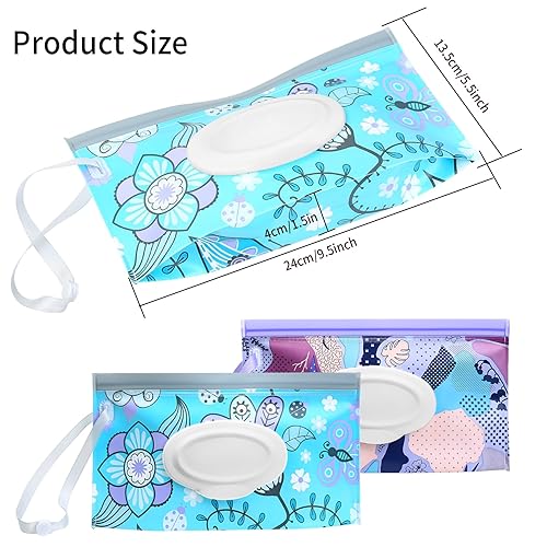 Baby Wipes Dispenser, 2 Pcs Travel Baby Wipe Holder, Refillable Baby Wet Wipe Pouch, Reusable Baby Wipes Container, Portable Baby Wipe Dispenser, Wipe Bags for Travel, blue purple Floral - Jamouz