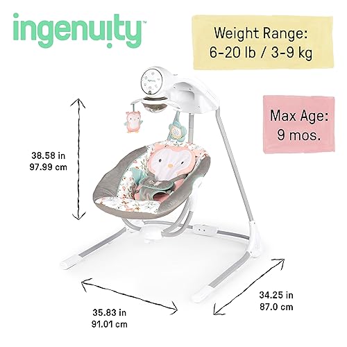Ingenuity InLighten 5-Speed Baby Swing - Swivel Infant Seat, 5 Point Safety Harness, Nature Sounds, Lights - Nally Owl - Jamouz