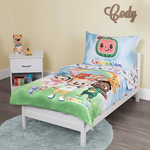CoComelon 4-Piece Toddler Bedding Set, Cute as a Rainbow, Toddler Bed, Green - Jamouz
