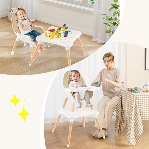BABY JOY 5 in 1 High Chair, Convertible High Chairs for Babies and Toddlers/Booster Seat/Table and Chair Set, Infant Wooden Highchair w/ 5-Point Harness, 4-Position Removable Tray & PU Cushion, Coffee - Jamouz