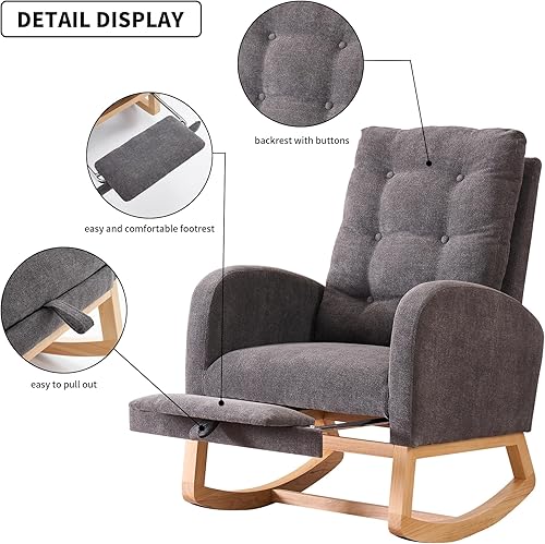 Nursery Rocking Chair with Retractable Foot Rest Glider Rocker Accent Chair Padded Seat with High Backrest Armchair Comfy Side Chair for Living Room Bedroom Offices (Gray) - Jamouz